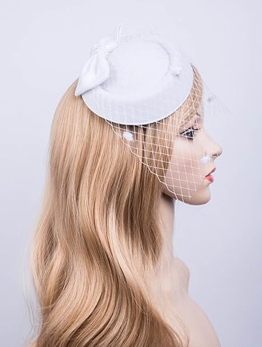 Miniatura 2 de Tocado de los años 20 y 50, sombrero de pastillero, sombrero de cóctel para fiesta de té con velo para niñas y mujeres