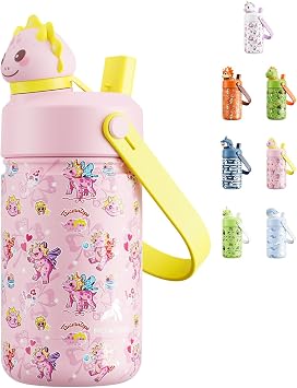 POWCAN 12 oz Kids Water Bottle 2-in-1 Straw Spout Lid with Soft Animal Head, Leakproof, Backpack Friendly, Keep Cold 24H, Cute Patterns, Insulated Cup for School, Playtime, Trip, Gift Lovely Trike