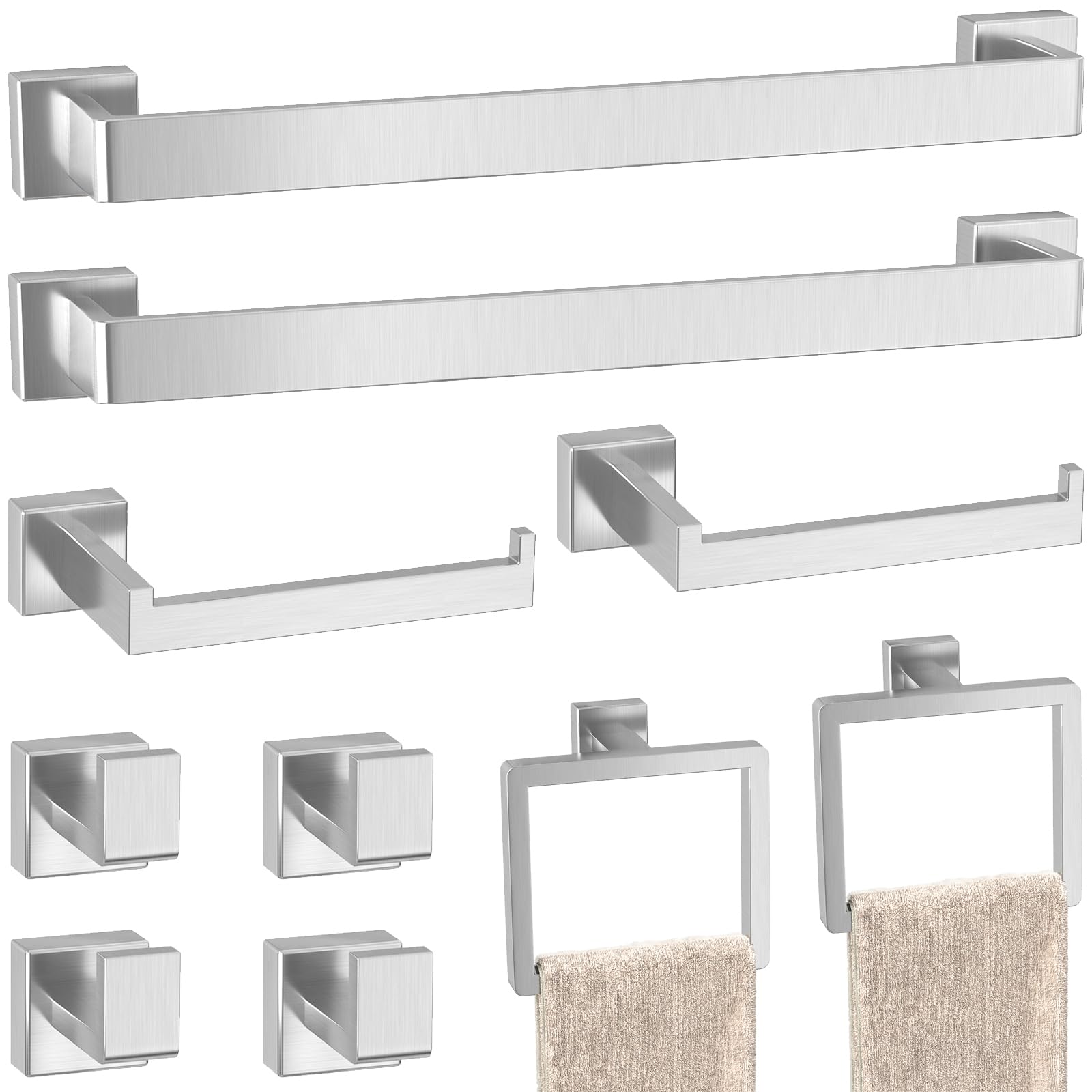 10-Pieces Brushed Nickel Bathroom Accessories Set, Stainless Steel Bathroom Hardware Set, Towel Racks for Bathroom Wall Mounted 24 Inch Bath Towel Bar Set.