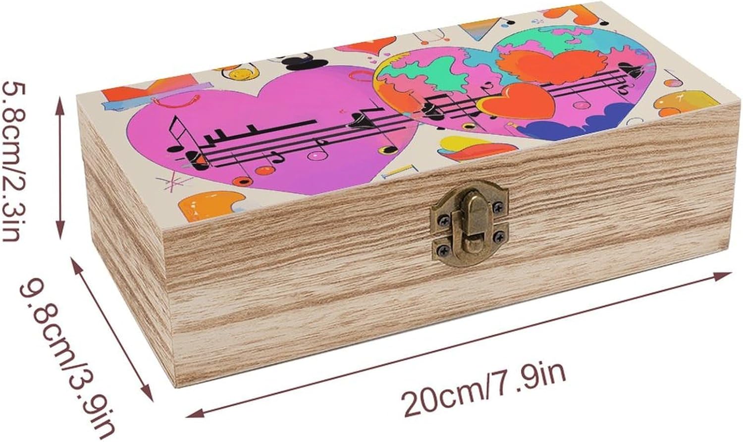 Music Symbols Love Wooden Storage Box Rectangular Wood Keepsake Box with A Hinged Lid Tabletop Decorative Organization Boxes Jewelry Container for Home Office Counter image 2