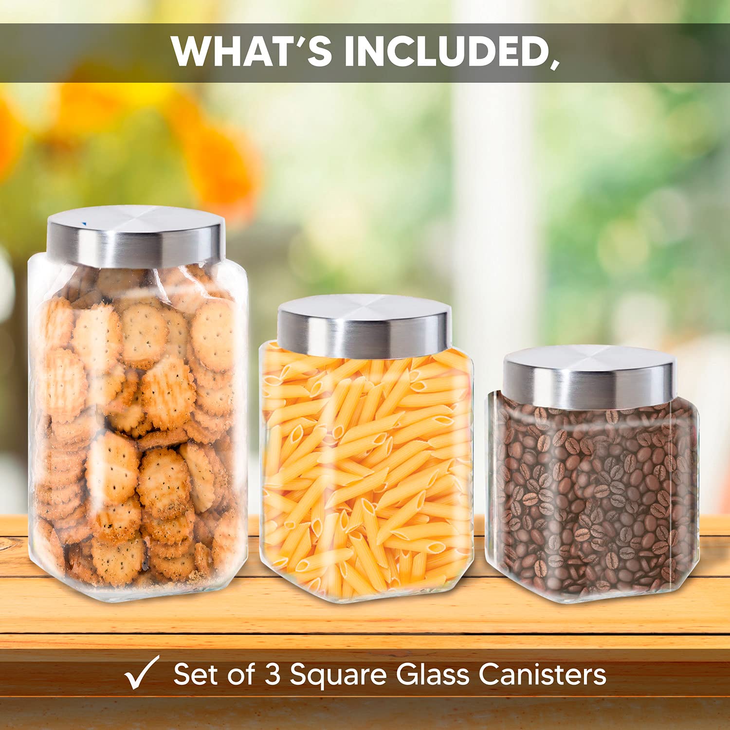 Glass Storage Canisters Small, Medium and Large – 3Pcs Container Sets for Kitchen Counter – Sealed Lids for Prolonged Freshness – Elegant and Modern