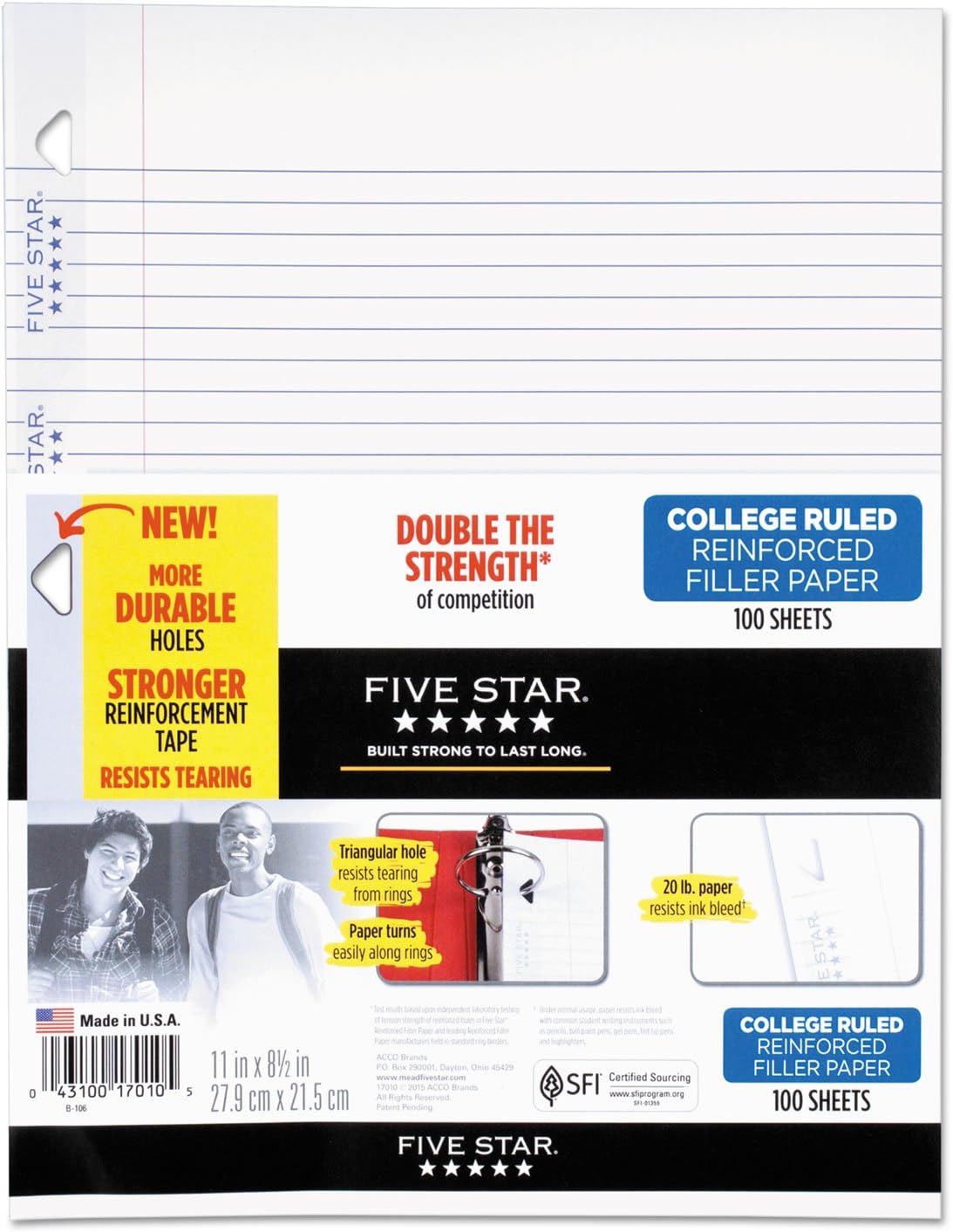 Five Star Loose Leaf Paper + Study App, Notebook Paper, College Ruled Filler Paper, Reinforced, 8.5 x 11, 100 Sheets (17010)