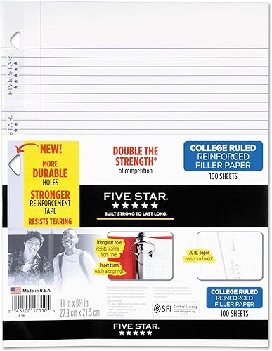 Five Star Papel de relleno con rayas universitarias reforzado hojas sueltas 11 x 85 pulgadas 100 hojaspaquete de 3 17010