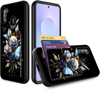 for Galaxy A11 Case with Card Holder,Heavy Duty Protective Dual Layer Shockproof Hidden Card Slot Slim Wallet Case for Samsung Galaxy A11,Blue Roses and Butterflies