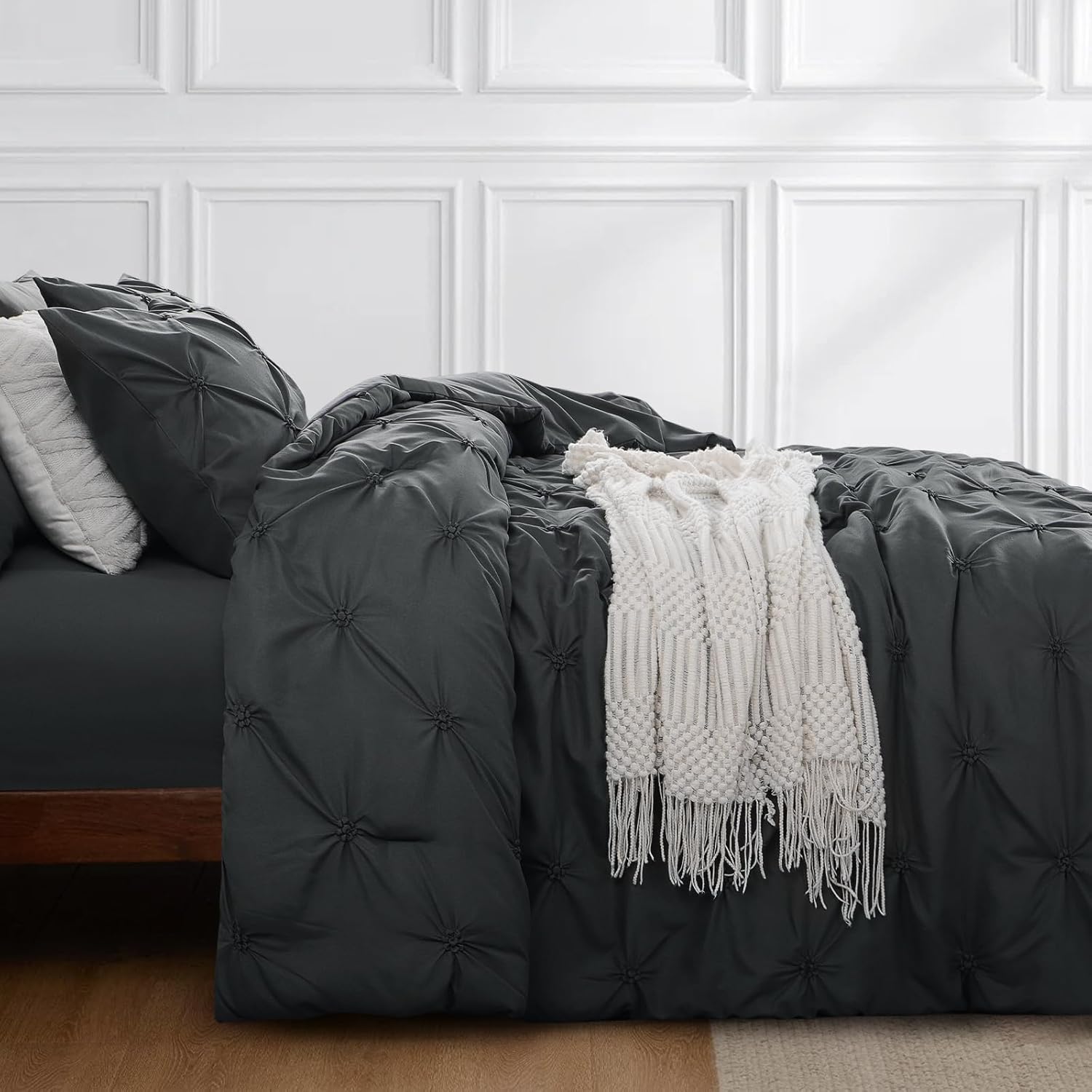 Aisbo Pintuck Comforter Set Twin - Anthracite Grey Pinch Pleated 2-Pieces Comforter Set Soft and Lightweight, All Season Down Alternative Comforter for Twin Size Bed with 1 Pillow Shams