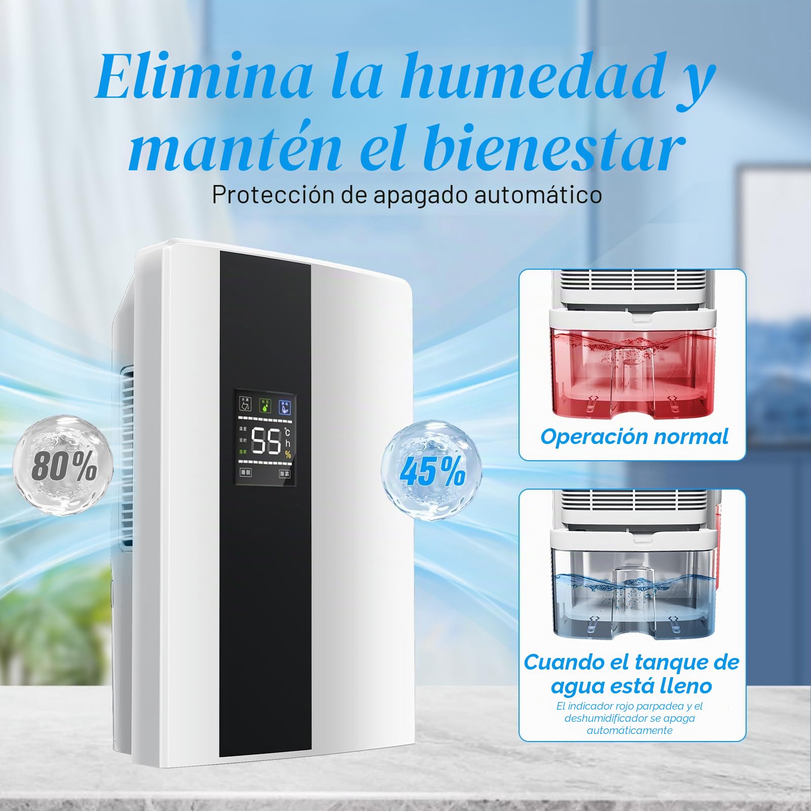 Deshumidificador eléctrico, Deshumidificador y purificador de aire 2 en 1, silencioso para casa - pantalla LED, Control inteligente de humedad, Temporizador de 24h, Control remoto (A)