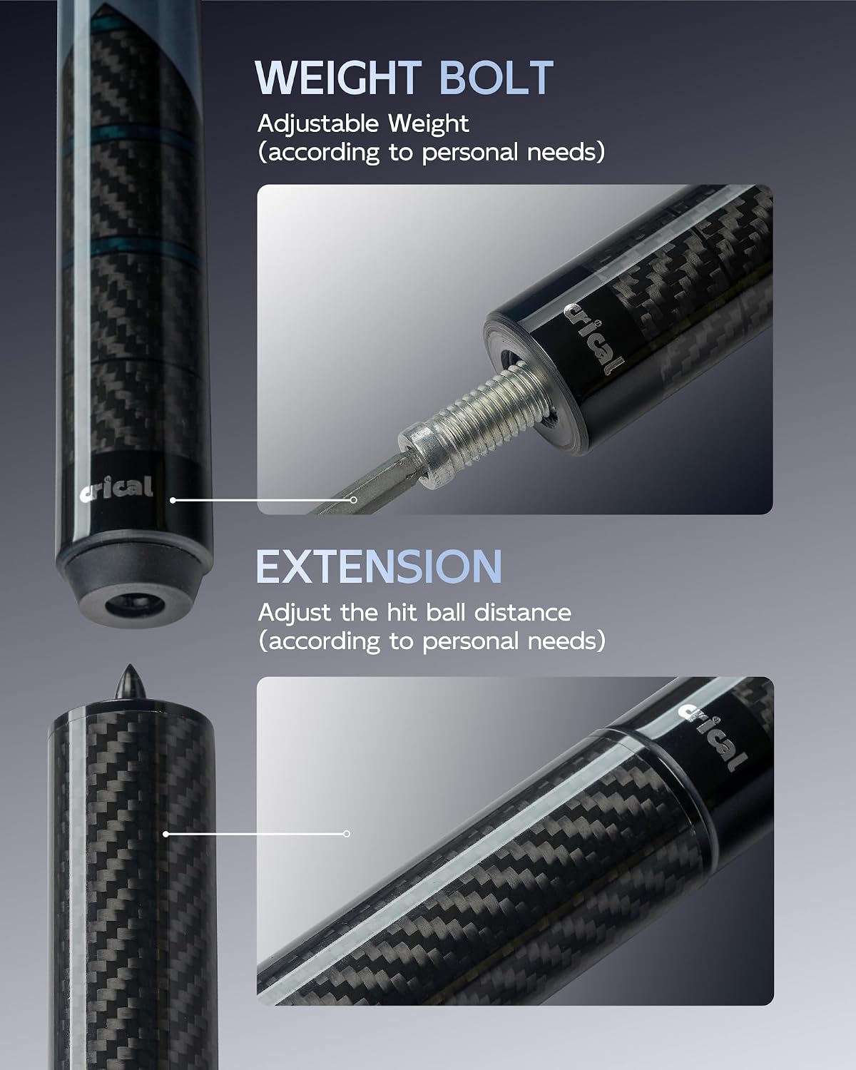 CRICAL Carbon Fiber Pool Cue Stick 58" Billiard Cue Sticks Professional Low Deflection Pool Sticks with 3/8 * 8 Pin Joint and 12.5mm Tip