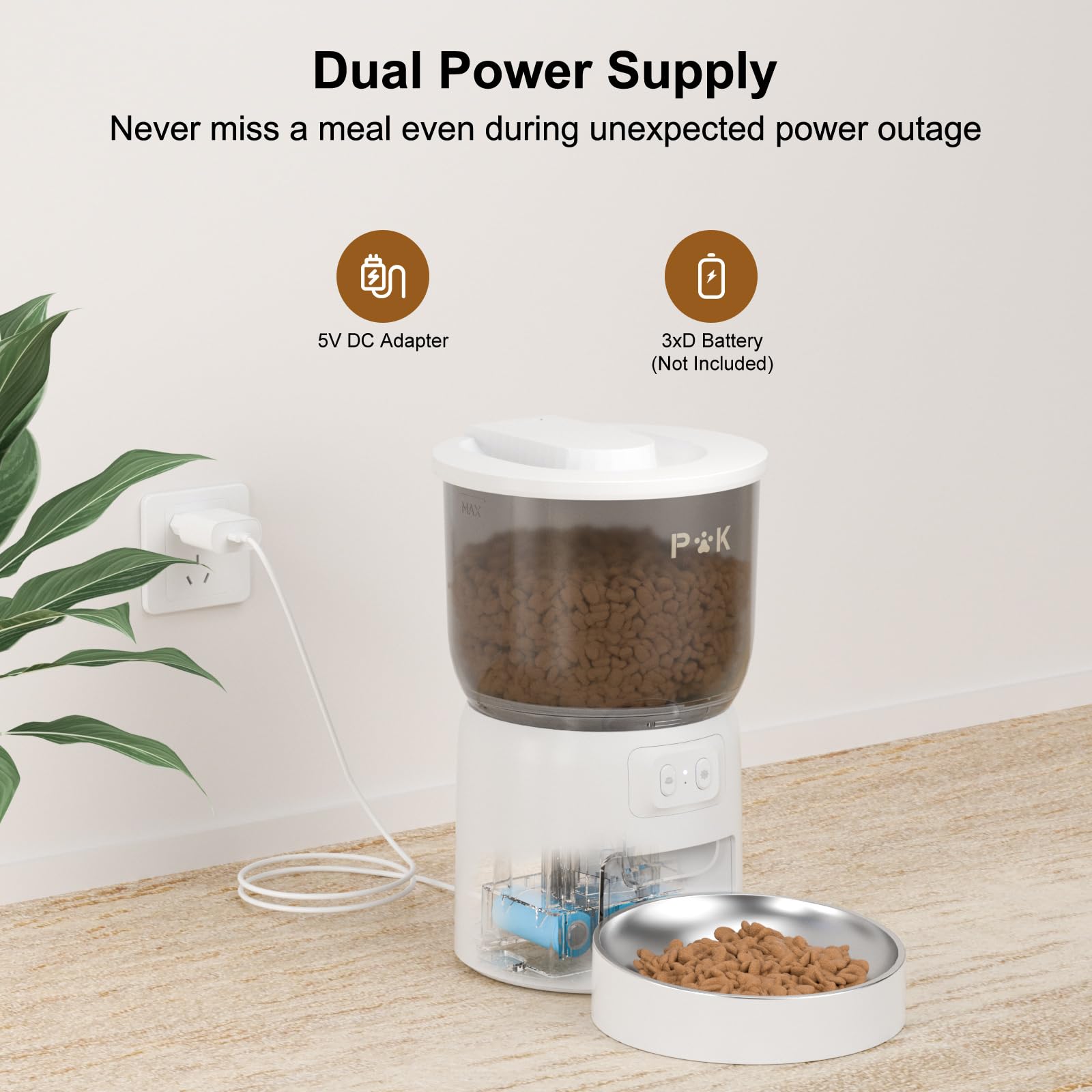 PUPPY KITTY Distributore Automatico Cibo Gatti, 2.4G WiFi 3L Dispenser Cibo Gatti con Ciotola in Acciaio Inox, 1-6 Pasti al Giorno