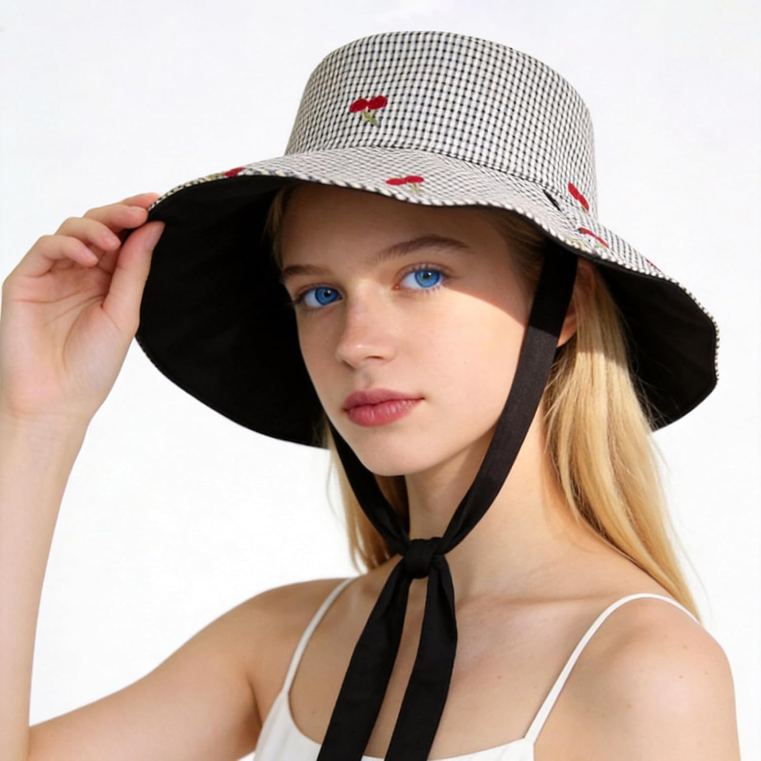 Women's Reversible Bucket Sun Hat with Cherries Embroidered Pattern, UPF 50+ UV Protection, Water Resistant for Beach Hiking