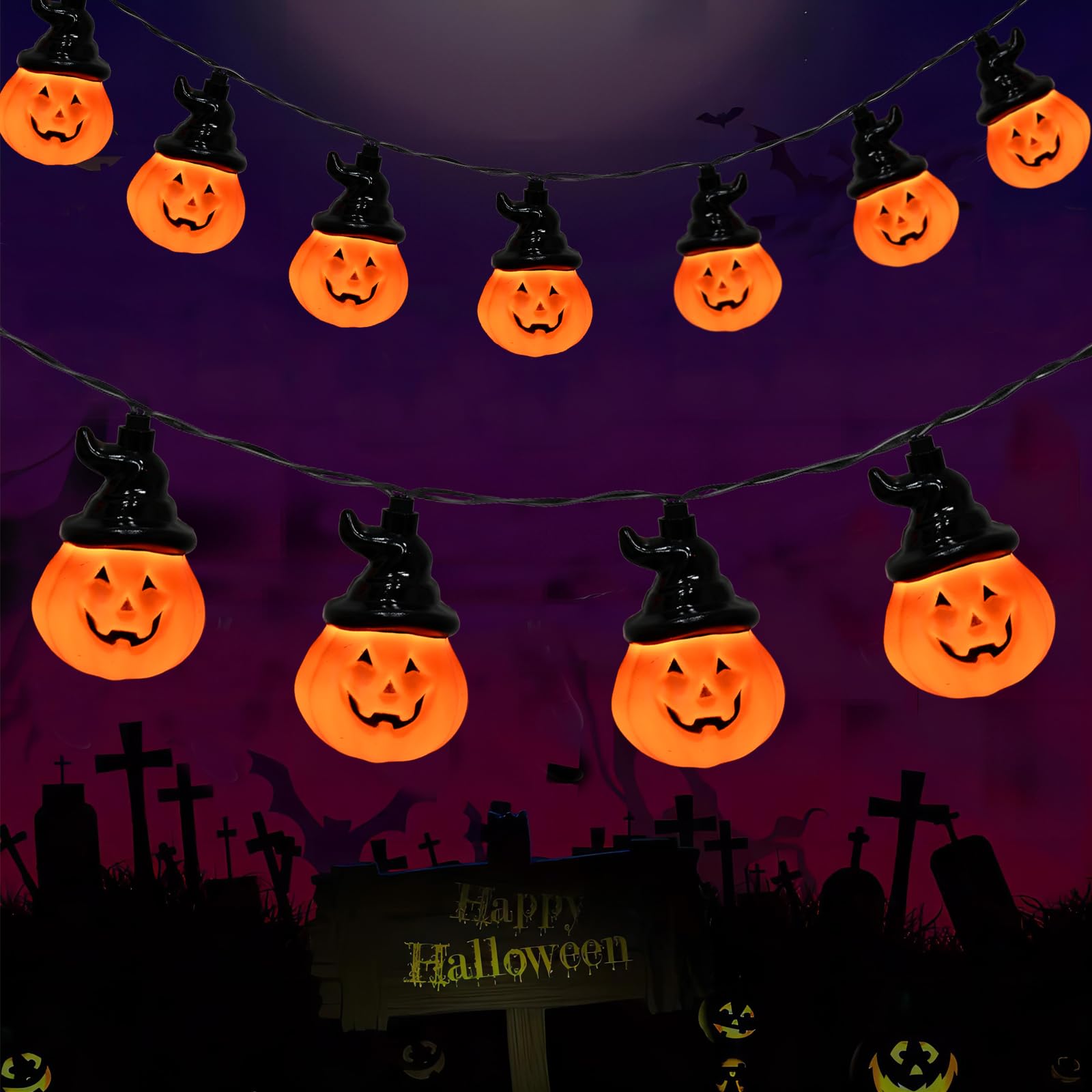 Outdoor Halloween Lights, 8.5 Ft 10 LED Halloween Pumpkin Hat String Lights Plug in Halloween Pumpkin Wizard Hat Decoration String Lights for Indoor