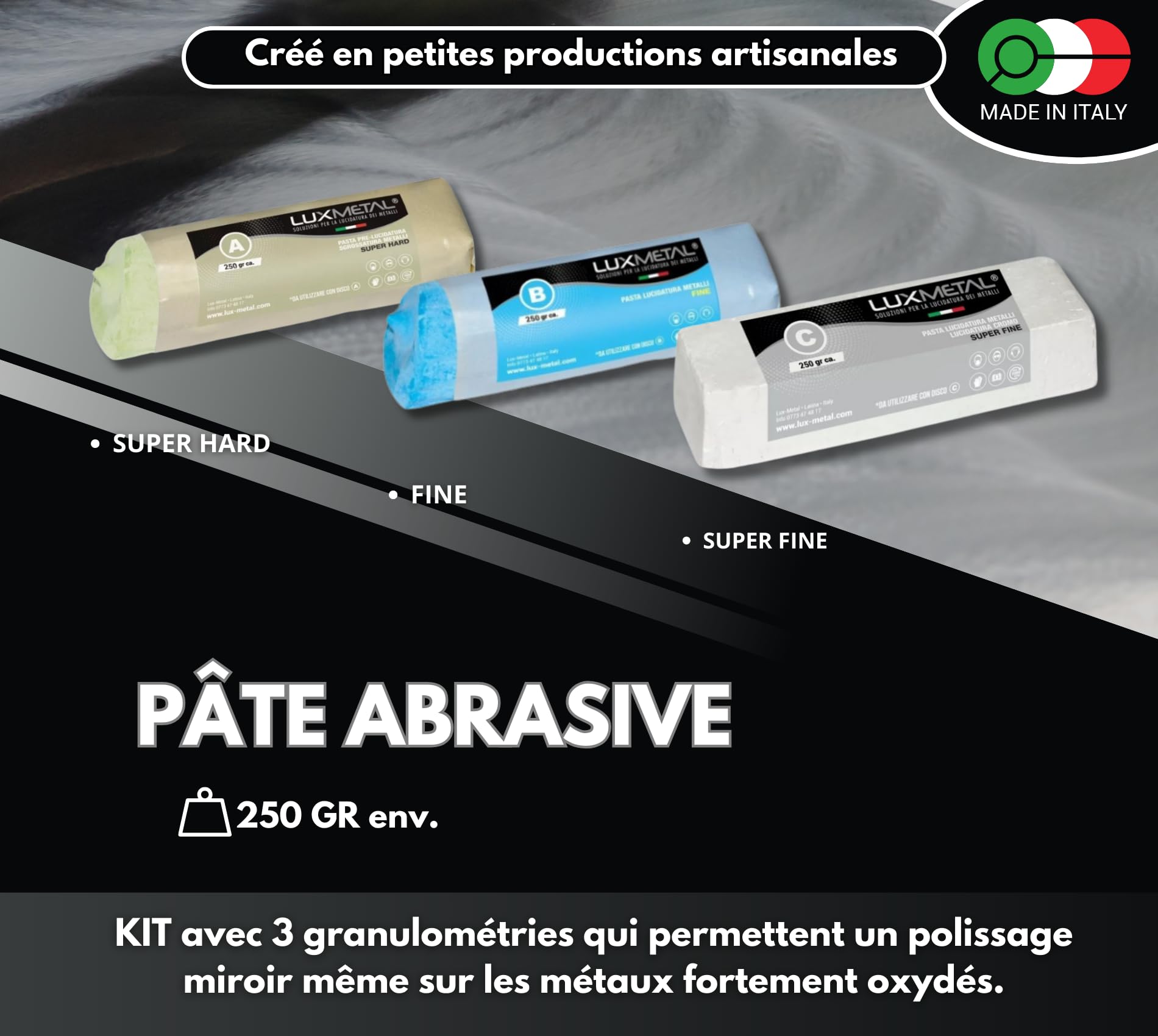 Lux Metal - Kit 3 Disques de Polissage de 150 mm et 3 Pâtes Abrasives de 250 gr - Parfaits pour polir des métaux tels que l'aluminium, le fer, l'acier inoxydable, le laiton, le cuivre, l'or, le marbre