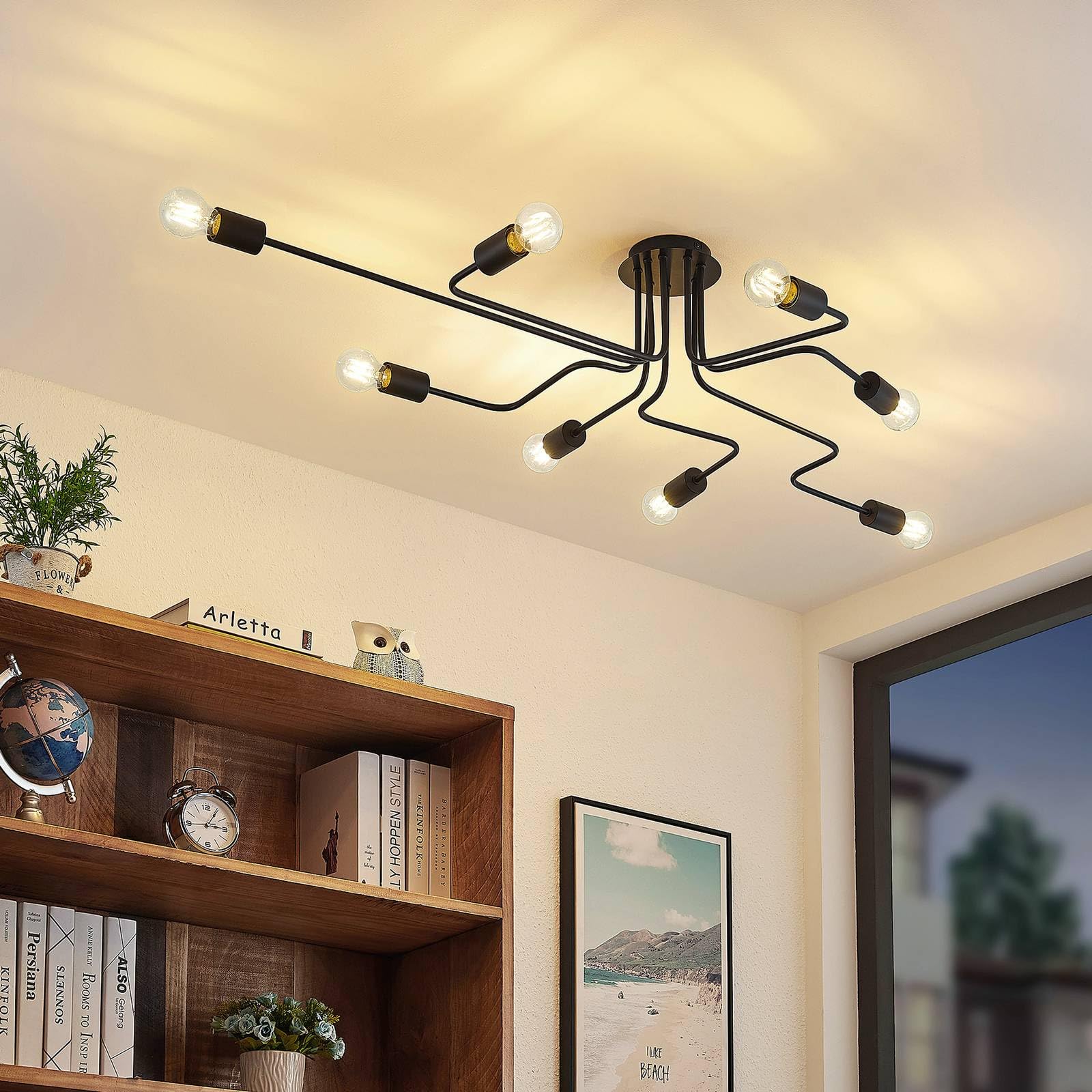 Lindby lámpara de techo en negro, plafón | lámpara de salón, e27, 8 bombillas, vintage para sala de estar, salón, comedor