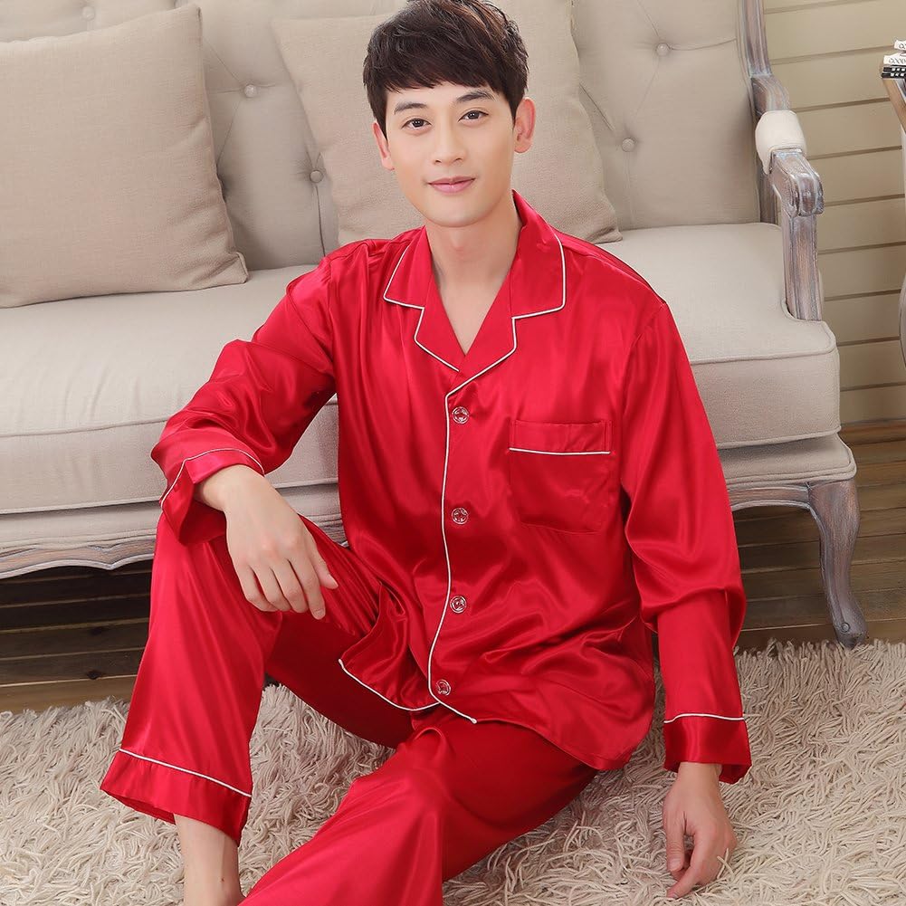 ZUEVI Men's Satin Silky Pajamas set Classic Silk like Sleepwear Set Button-Down Loungwear Two-Piece Pj Sets - Image 4
