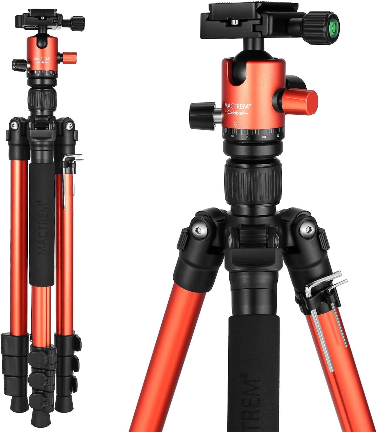 MACTREM Tripod DSLR SLR Tripod, 62.5" Light-Weight Aluminum Alloy Camera Tripod Phone Tripod with Phone Holder, 360 Degree Ball Head, Detachable Monopod, 33lbs Load with Carry Bag, Orange
