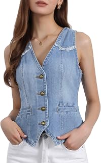Allegra K Denim Vest for Women's Sleeveless V Neck Washed Distressed Jean Jacket Price In India