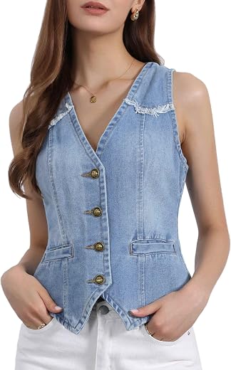 Allegra K Denim Vest for Women's Sleeveless V Neck Washed Distressed Jean Jacket