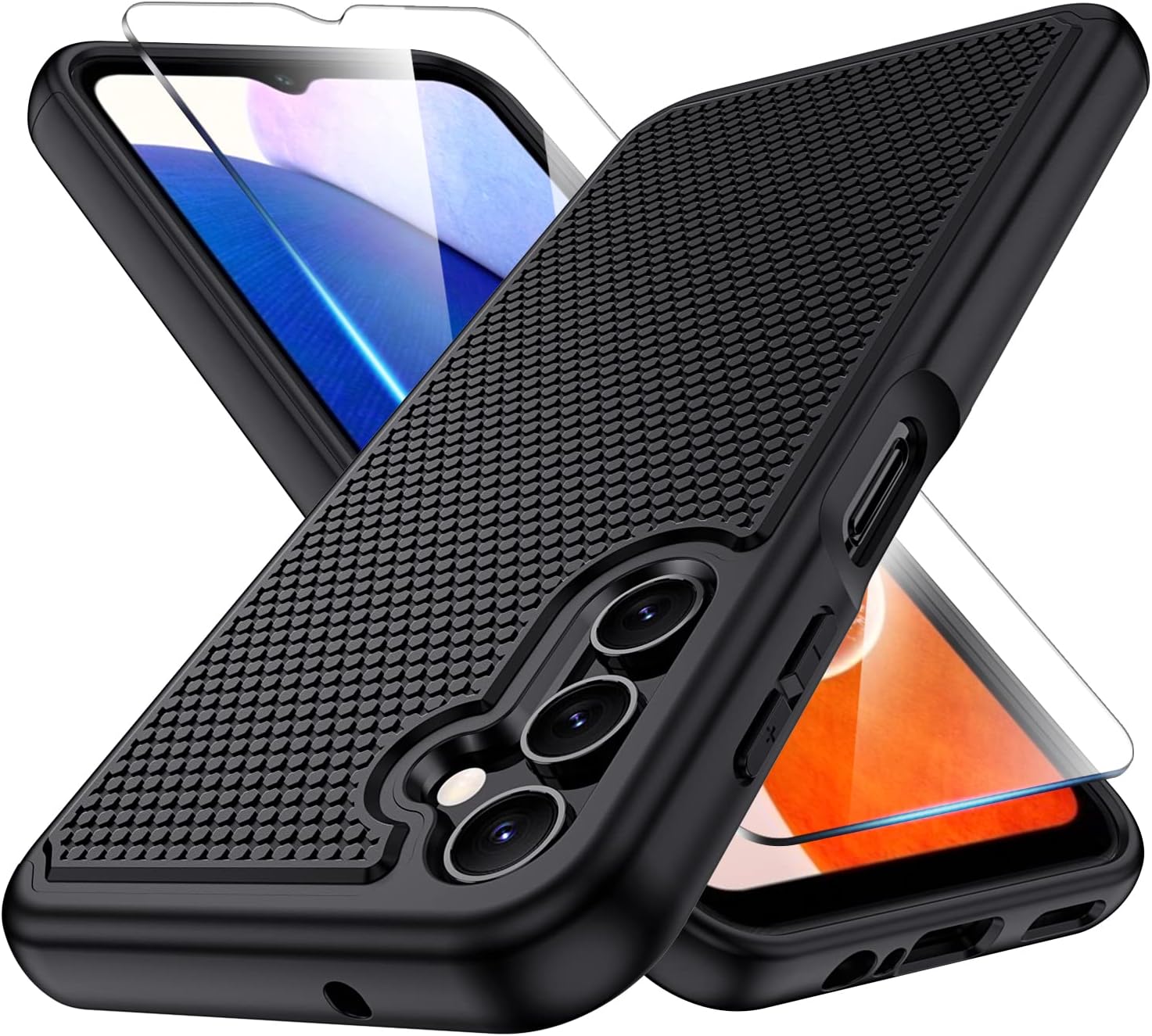 Huness for Samsung Galaxy A14 5G Case with Tempered Glass Screen Protector,Samsung A14 5G Case,Durable Armor & Resilient Shock Absorption Defender & Non Slip Textured Back Case - Black