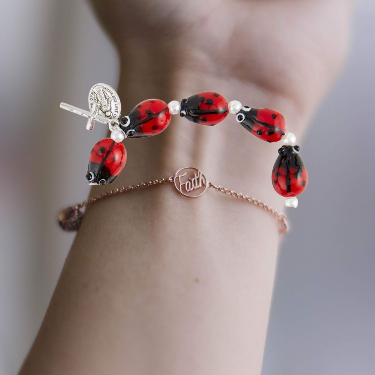 Needzo Miraculous Ladybug Jewelry, Red Rosary Bracelet Blessed Mother Accessory, Stretchable 7 1/2 Inches - Image 4