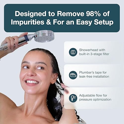 Miniatura 7 de Cabezal de ducha de mano con filtro y asa de mano - Cabezales de ducha de alta presión con filtro para reducir el cloro y suavizar el agua - Cabezal