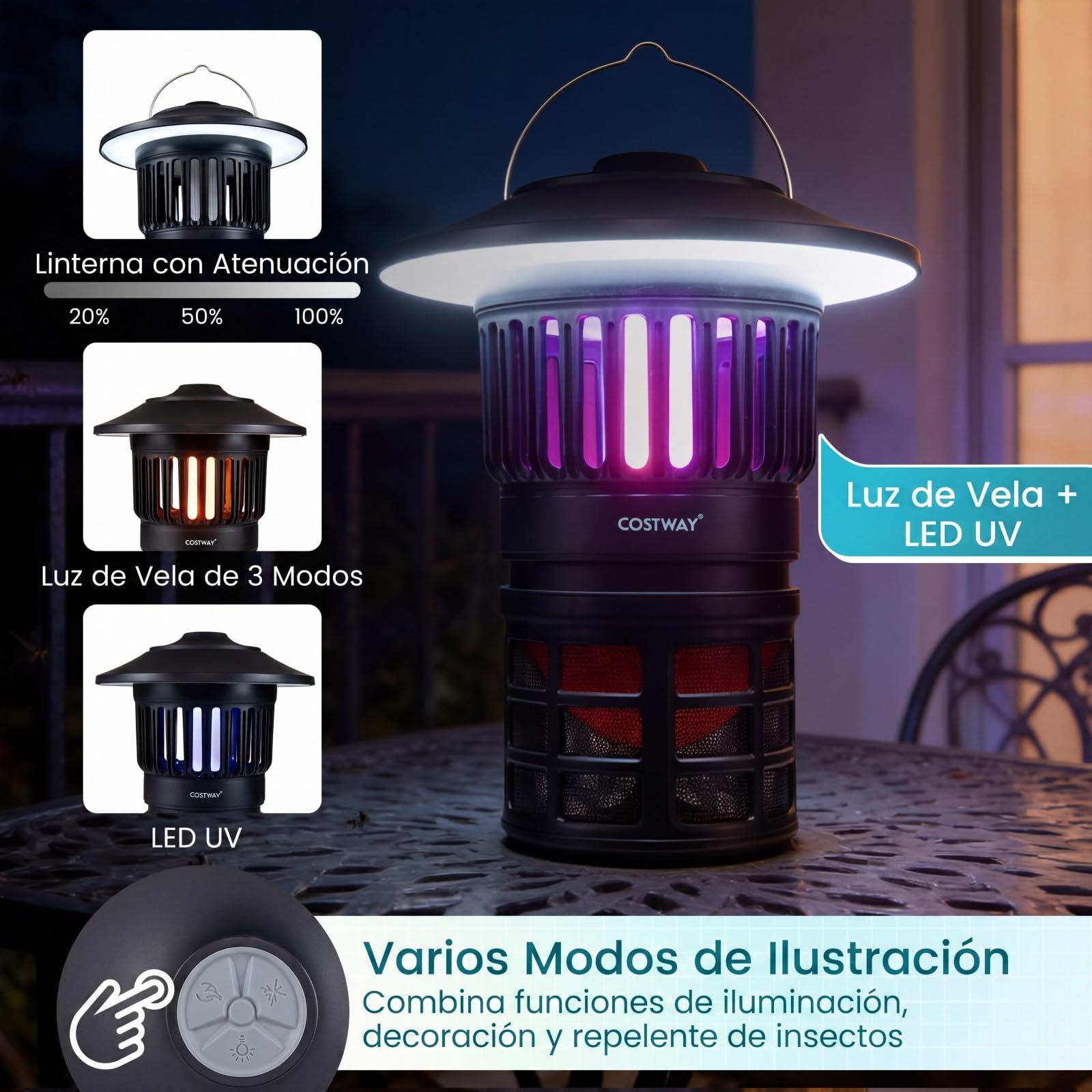 COSTWAY 2 en 1 Lámpara Antimosquitos Exterior, Mata Mosquitos Electrico con Luz de Vela, Ventilador, Batería Recargable de 2000 mAh y Cobertura de 100 m², Trampa para Insectos Moscas Interior