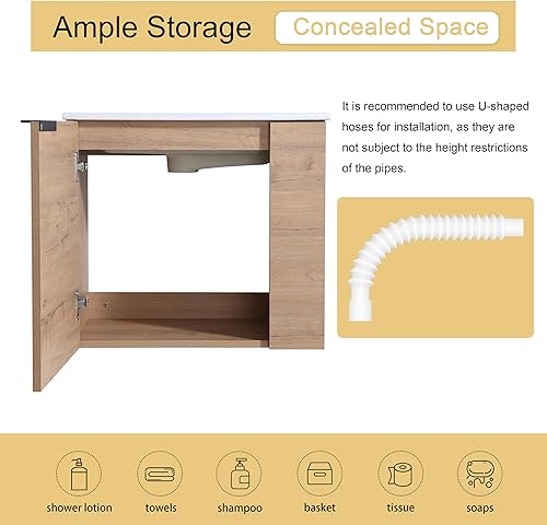 Miniatura 6 de Malwee Tocador de baño flotante de 22 pulgadas con lavabo, Tocador de baño de lavabo individual de 22 pulgadas montado en la pared, con 1 puerta y