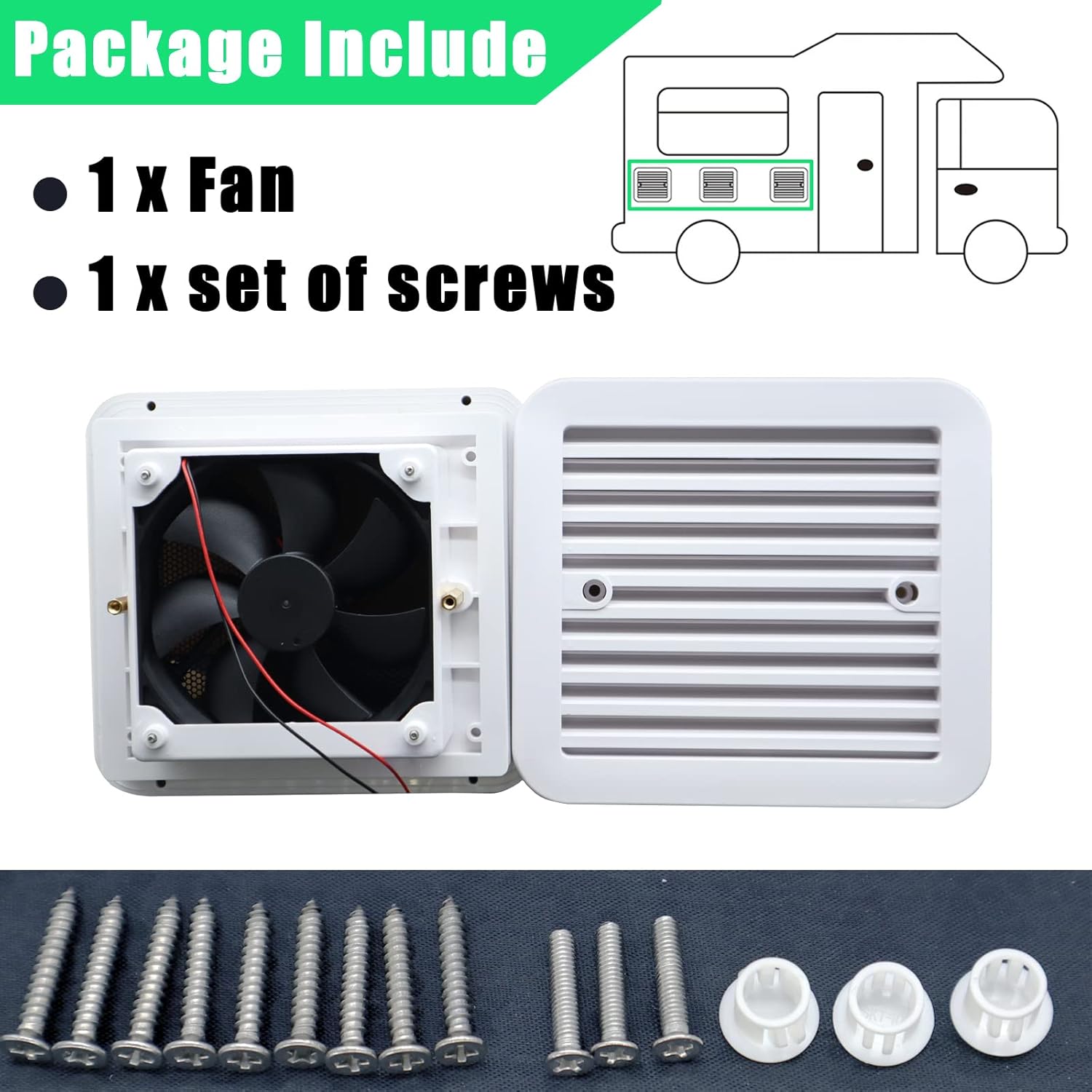 AUTOXBERT RV Side Vent Fan, 2.4W 12V One-Way Silent Wind Air Ventilation Exhaust Fan for Caravan, Motorhome, Camper, White