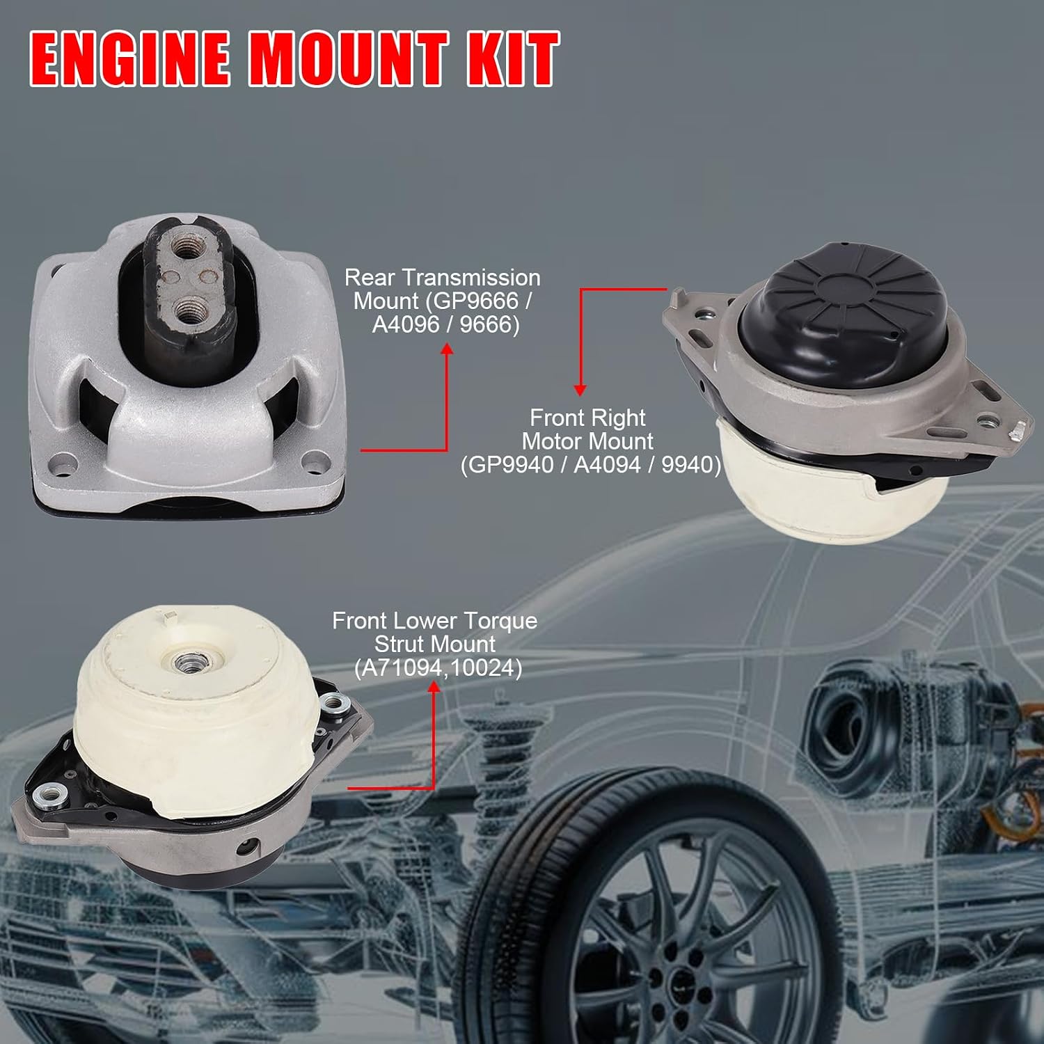 3Pcs Engine Motor Mount and Transmission Mount Fit for Mercedes-Benz GLE400 2016-2017, GLE43 AMG 2017-2019, GLE550e 2016-2018, GL450 2015-2016, GLS450 2017-2019, ML350 2013-2015 A4094 A4094 A4096
