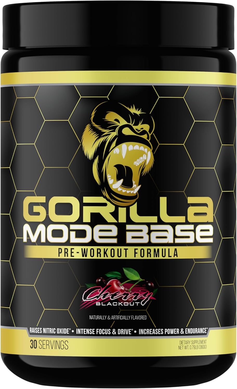 Gorilla Mind Base Pre Workout – Raises Nitric Oxide Intense Focus & Drive Endurance Power – L-Citrulline, L-Tyrosine, Betaine, Alpha-GPC, Caffeine, Huperzine A – 360 Grams (Cherry Blackout)