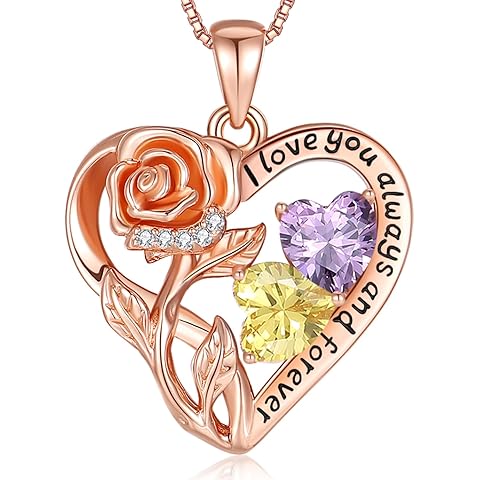 925 Sterling Silver Double Birthstone Rose Flower Heart Jewelry Necklaces for Women Anniversary Love Forever Necklaces for Her Birthday Gifts for Wife Girlfriend Mom Mothers Day Rose Gold