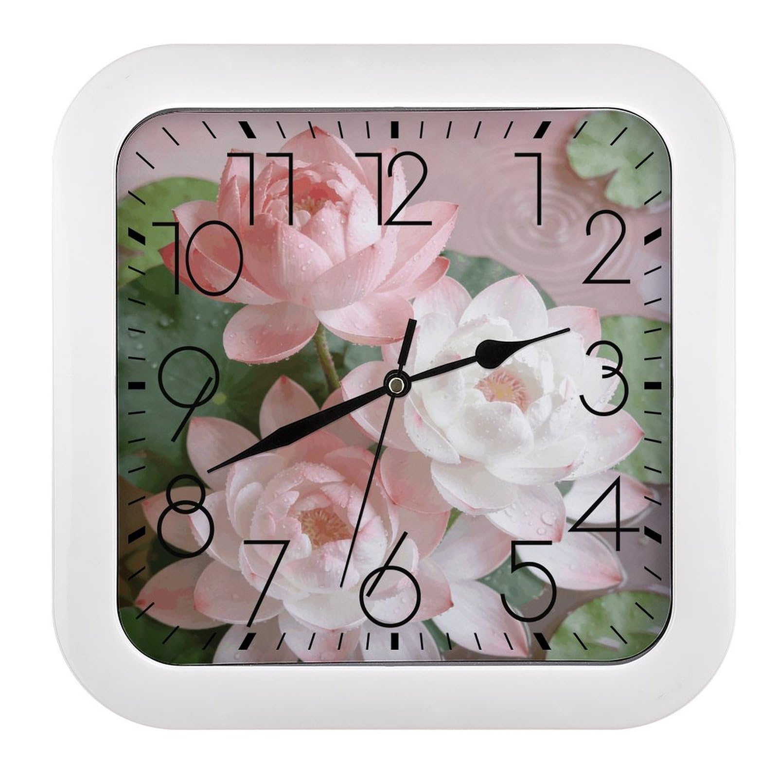 Fodpand Style Pink And White Lotus Flower Wall Clock,Battery Operated Modern Retro Rounded Square Clock Clock For Bedroom Living Room Office Home Gym Porch Decor Indoor Outdoor 10.2 * 10.2In