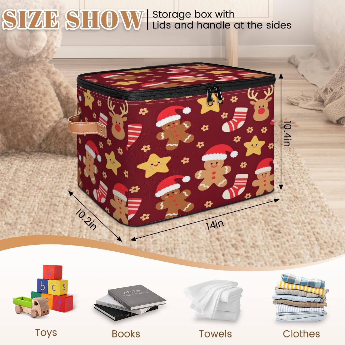 Storage Bin Set of 2 Cute Gingerbread Man Storage Basket with Zipper Lid & Handle Foldable Closet Shelf 2 Pack Cloth Organizer Basket Cube Bins for Bedroom, Nursery