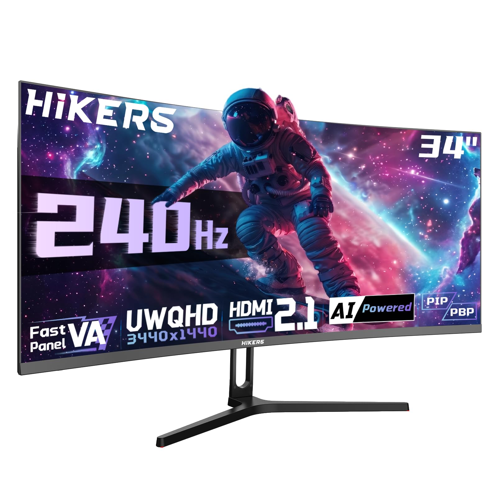 Hikers 34 Inch UWQHD 240Hz Curved Gaming Monitor Curved Ultrawide Monitor | 2×HDMI 2.1 & 2×DP 1.4, 21:9 PIP/PBP Fast VA, 131% sRGB AI Crosshair (G34H1Q Pro, Includes One HDMI 2.1 Cable)