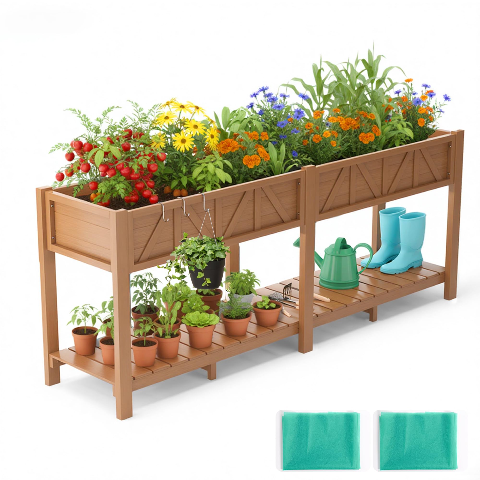 Orto Alto 183x44x73cm, Fioriera Esterna Elevata con Ripiano, Resistente alle Intemperie, 6 Ganci e 2 Fodere Non Tessute, Per Ortaggi Fiori Erbe Aromatiche, Giardino Balcone Terrazza, Effetto Teak