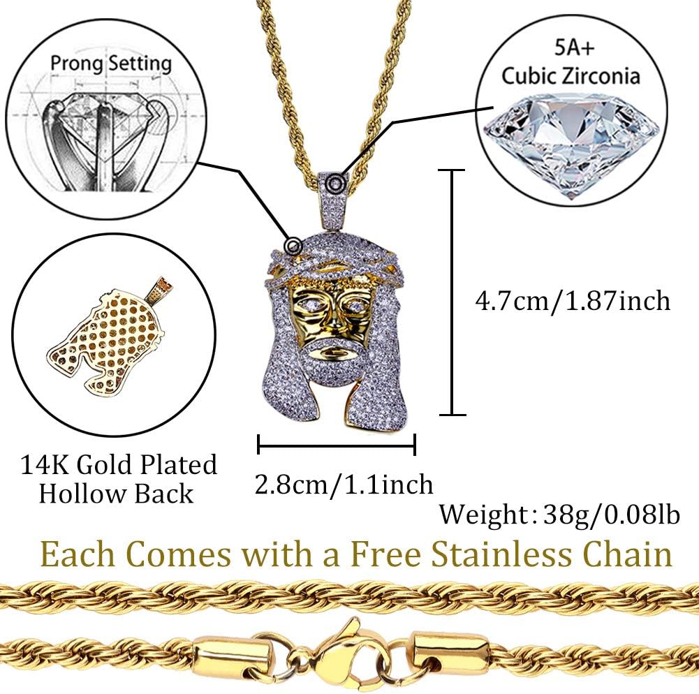 TOPGRILLZ Jesus Pendant Necklace Rope Gold Chain for Men Iced out 14K Gold Plated Simulated Diamond Chain Stainless Steel Chain 24 inch - Image 2