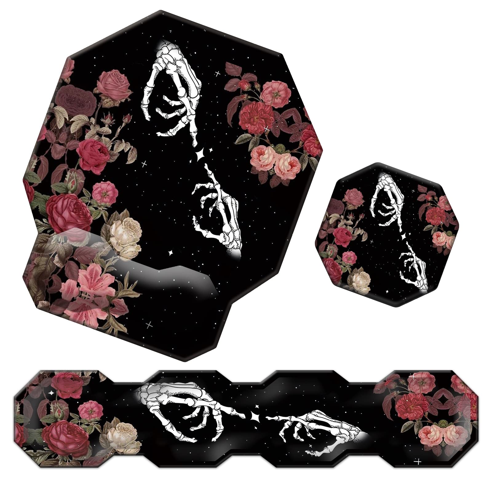 keyboard wrist rest & ergonomic mouse wrist rest pad set, octagon mouse pad made of memory foam with non slip rubber base easy typing relieve wrist pain for computer office - rose skull skeleton