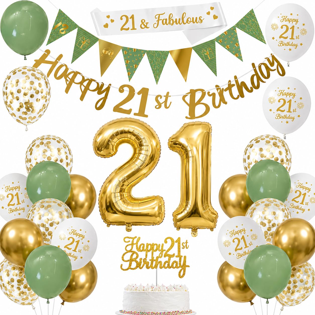 Omrel Green & Gold 21st Birthday Decoration for Her - Happy 21st Birthday Bunting, Triangle Flag Banner, Number 21st Birthday Balloons For Party Decorations — image 1