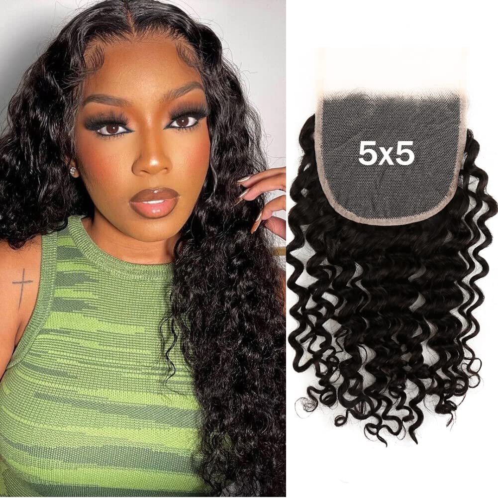 5x5 Deep Curly Wave Lace Closure 100% Human Hair with Baby Hair Brazilian Virgin Hair Closure Free Part Natural Color 16inch