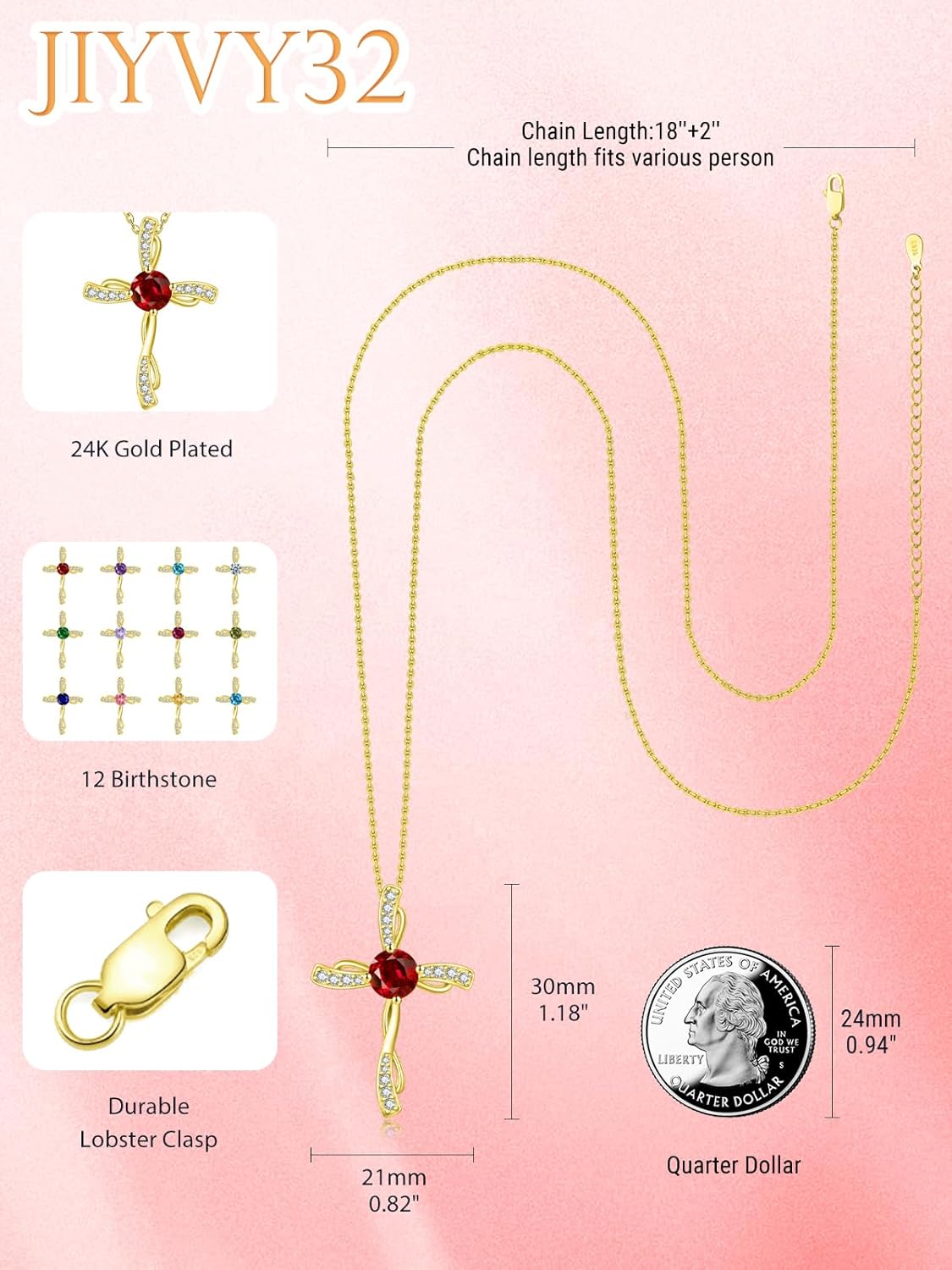 Birthstone Cross Necklace for Women 14K Gold Wedding Anniversary Birthday Gift for Wife Her Protection Christian Jewelry - Image 2