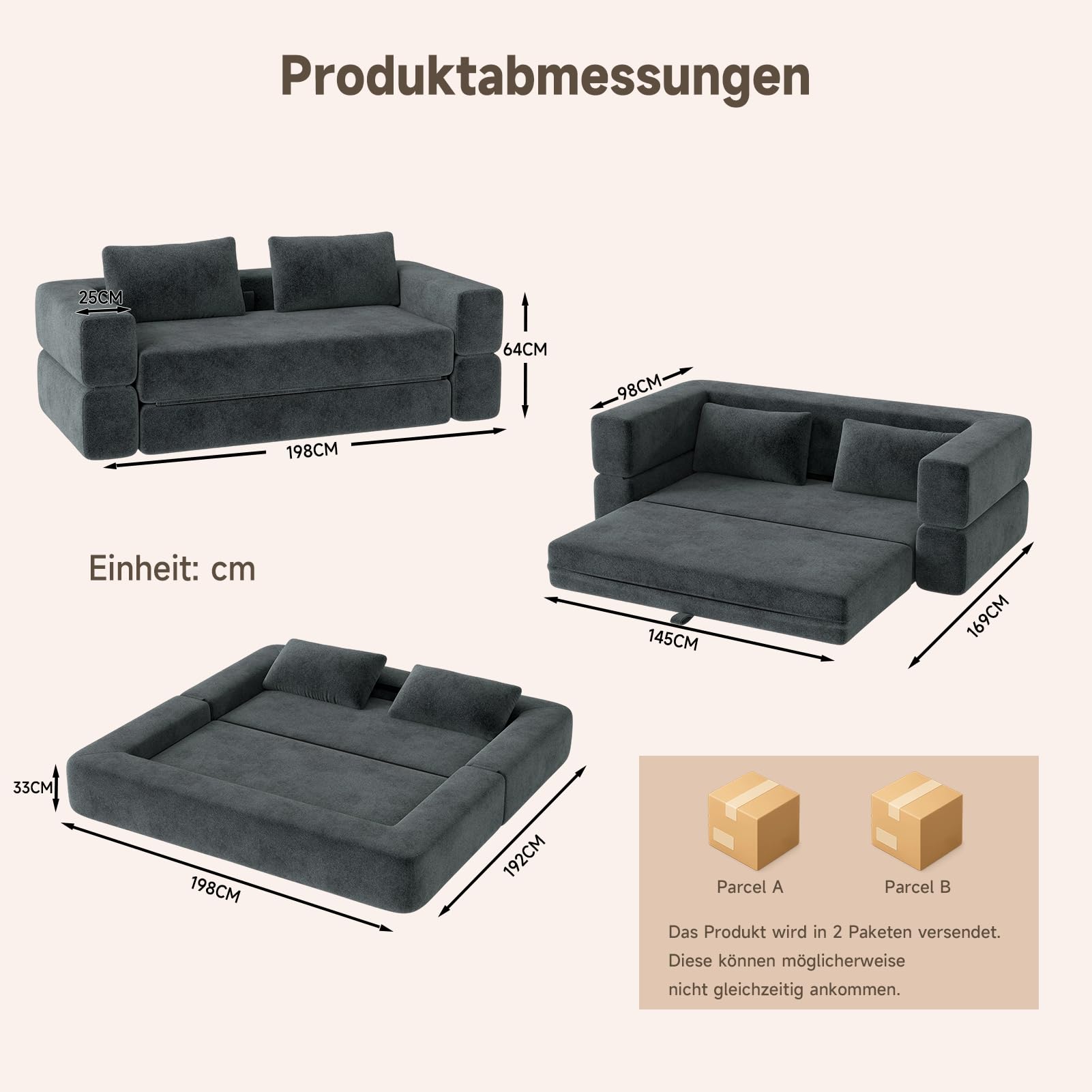 HAUSPROFI 3 in 1 Boneless Couch, Bodensofa Bed, Klappbares Sofa mit Schlaffunktion 2 Sitzer Chenille Schlafsesse für Schlafzimmer, Wohnzimmer und kleine Räume (Dunkelgrau)