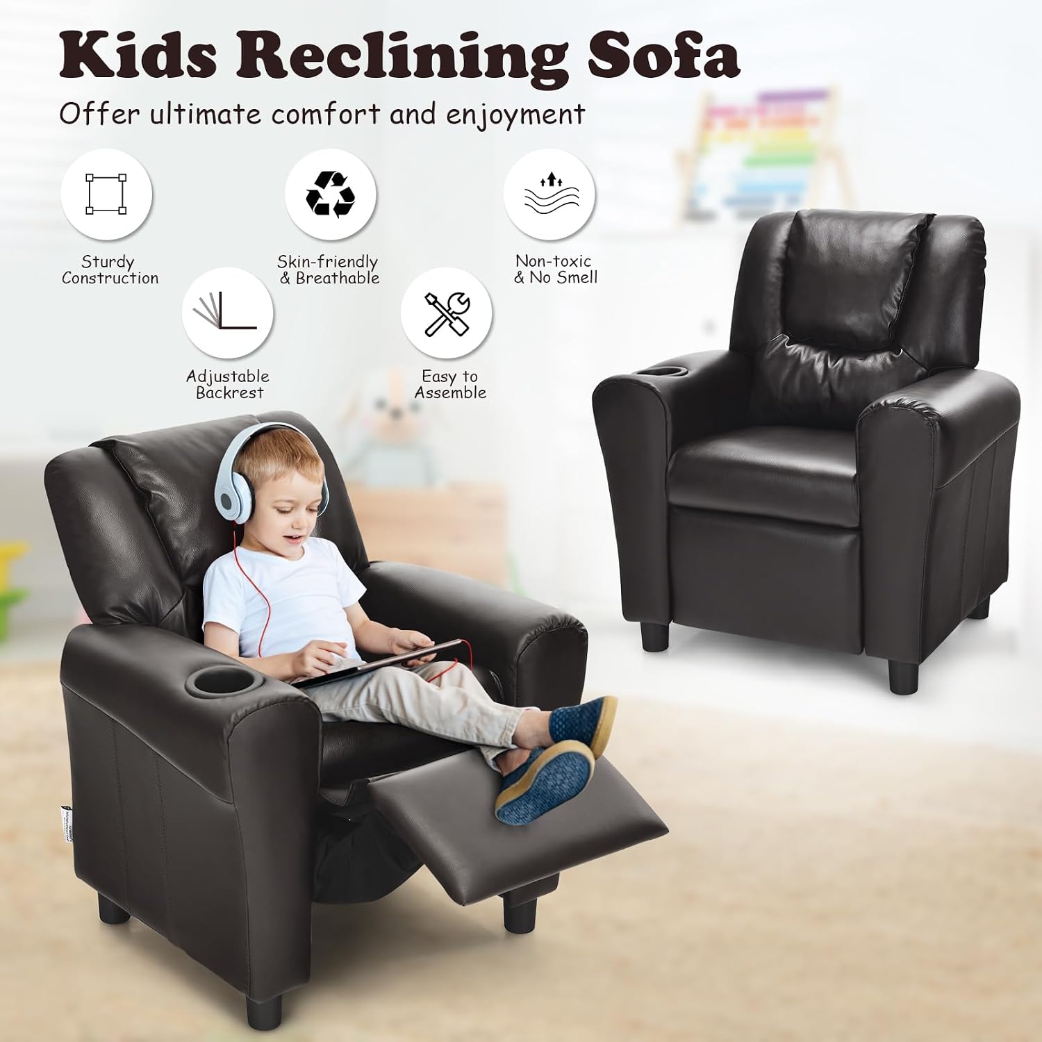 Kids Chair Leather Recliner Sofa w/Cup Holder, Anti-Slip Feet, Adjustable Backrest & Footrest for Kids/Children/Toddlers, 3+ Age Group, Up to 155lbs, Brown