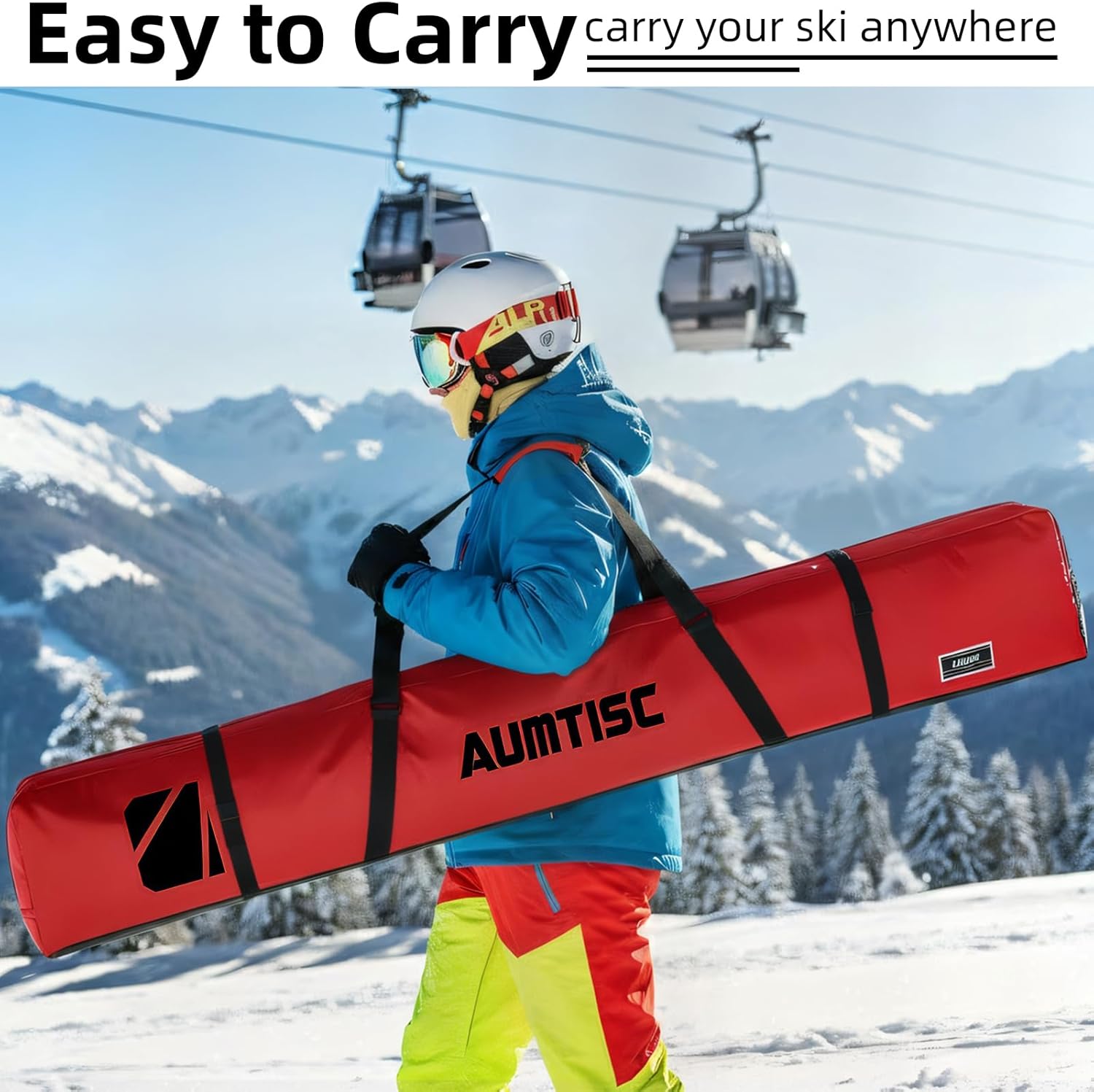 AUMTISC Fully Padded Ski Bag, Single Ski Bags for Air Travel, Waterproof Snow Ski Bag for Flying with Adjustable Handle, Perfect for Skiing, Storage and Transport, 170 185 cm