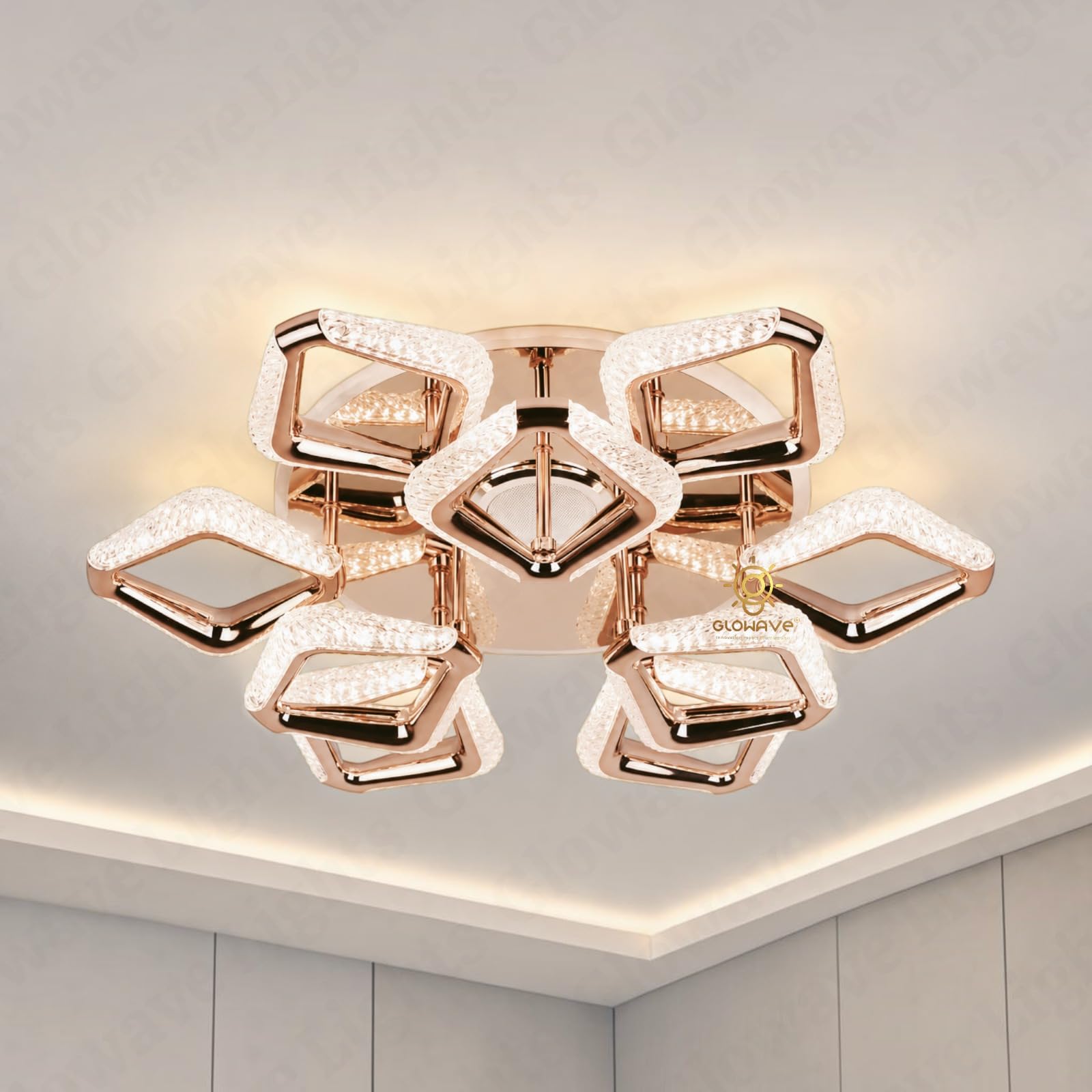 Glowave® Rose Gold LED Flower Shape Crystal Ceiling Lamp Light for Kitchen, Bar, Malls, Living Room - Tricolour (White, Warm White, Natural White) (8801/6+3)-image-28