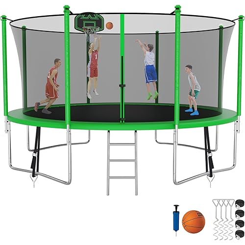 Tranpoline 1500LBS 16 15 14 12 10 8 FT Tranpoline for 7-10 Kids and Adults, Windproof Outdoor Tranpoline with Enclosure Net, Basketball Hoop, Easy to Install & Last Long - ASTM Approved