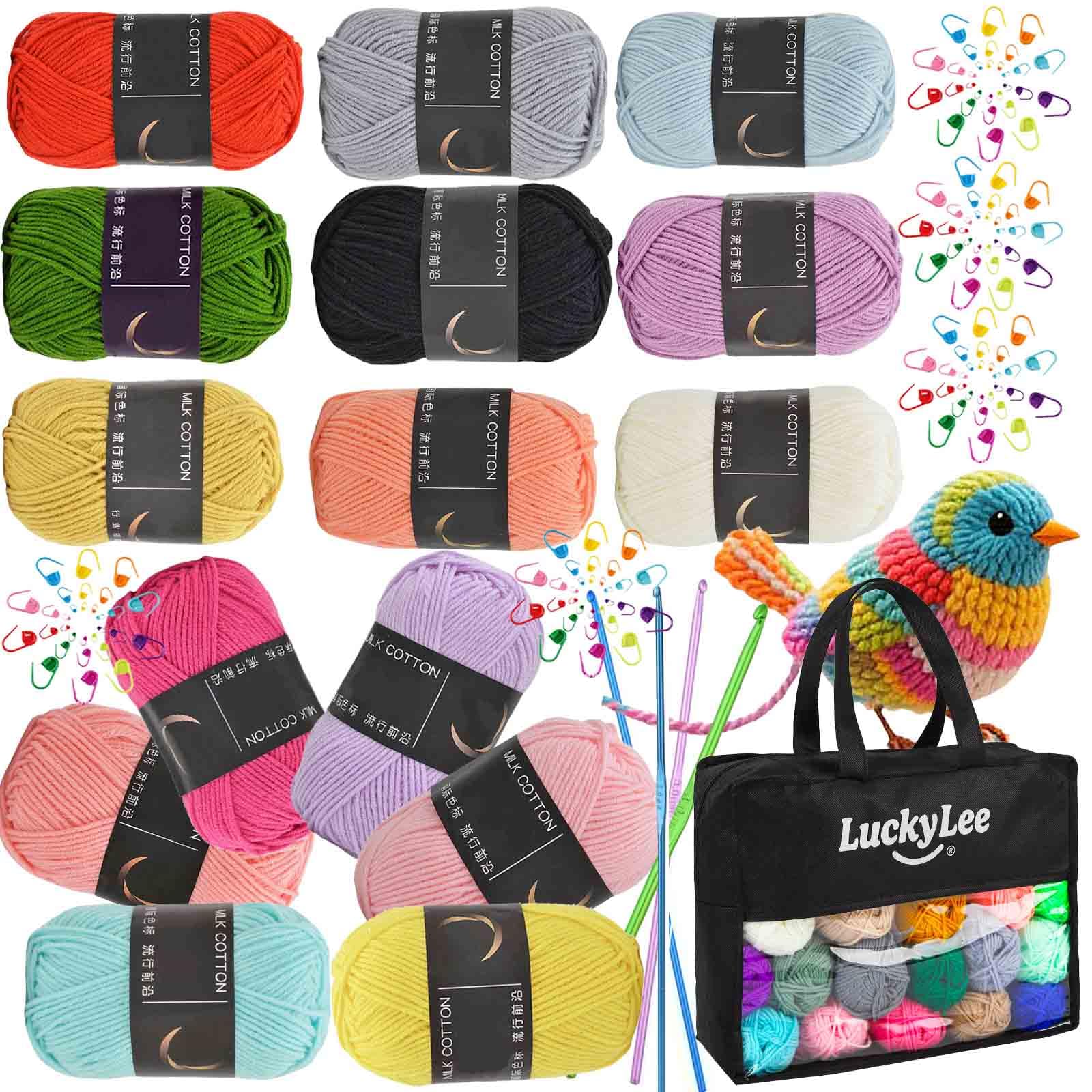 15PCS Crochet Yarn Double Knitting Wool, 750g Acrylic Yarn Crochet Yarn with Aluminum Crochet Hooks Stitch Markers for Crochet Kits for Beginners Adults Wool for Crochet Knitting and Crafts (Rainbow)