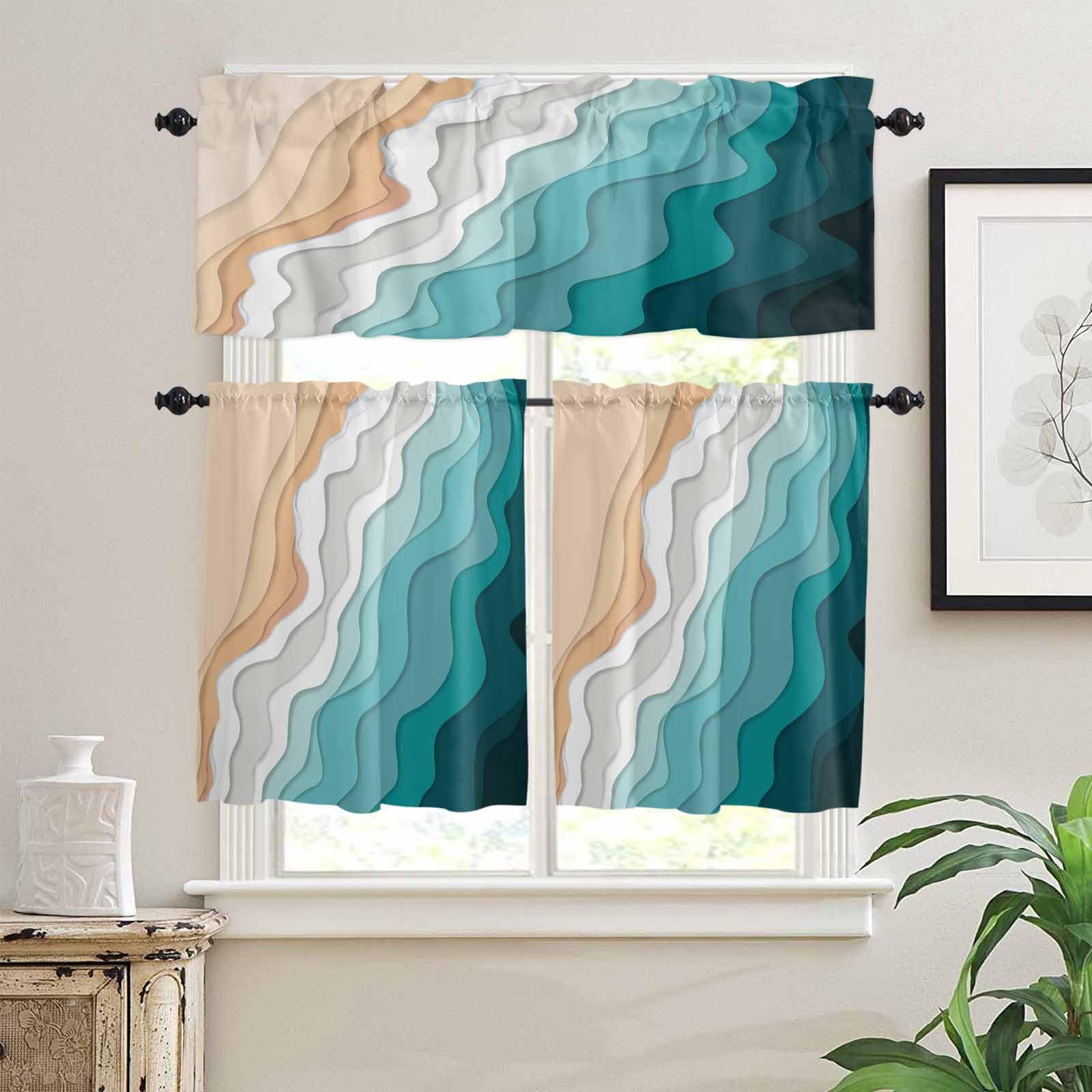 Turquoise Coastal Beach Kitchen Curtains 36 Inch Length, 3 Piece Rod Pocket Small Half Tiers and Valance Set, Modern Ombre Sea Waves Art Small Large Window Treatment Decor for Bedroom/Bathroom Sink