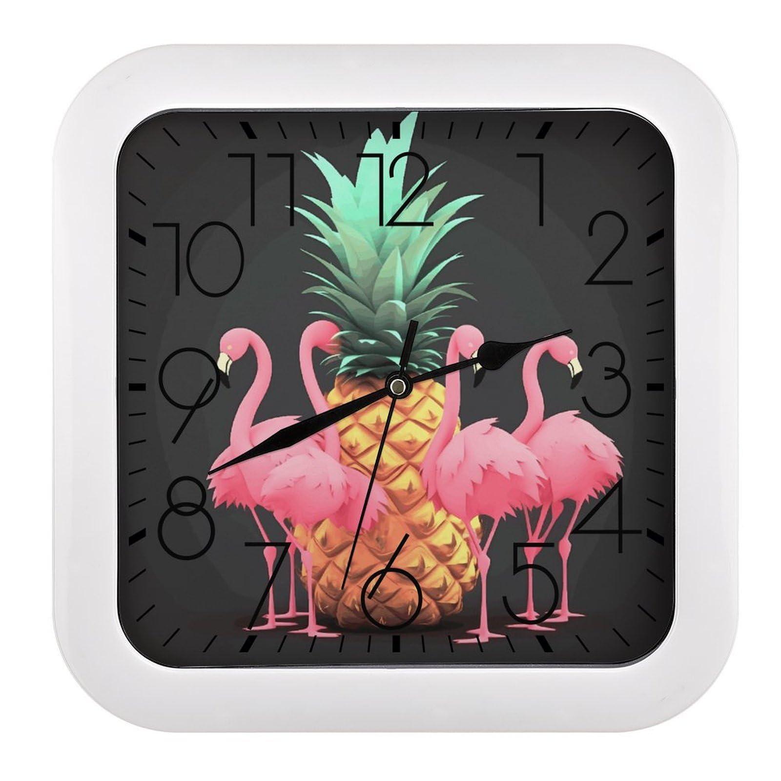 LZQPOEAS Pineapple Flamingos Square Wall Clock, 10.2 Inch Battery Operated Silent Non-Ticking Wall Clock, Square Analog Decorative Clock for Home Wall Art, Living Room, Bedroom, and Office