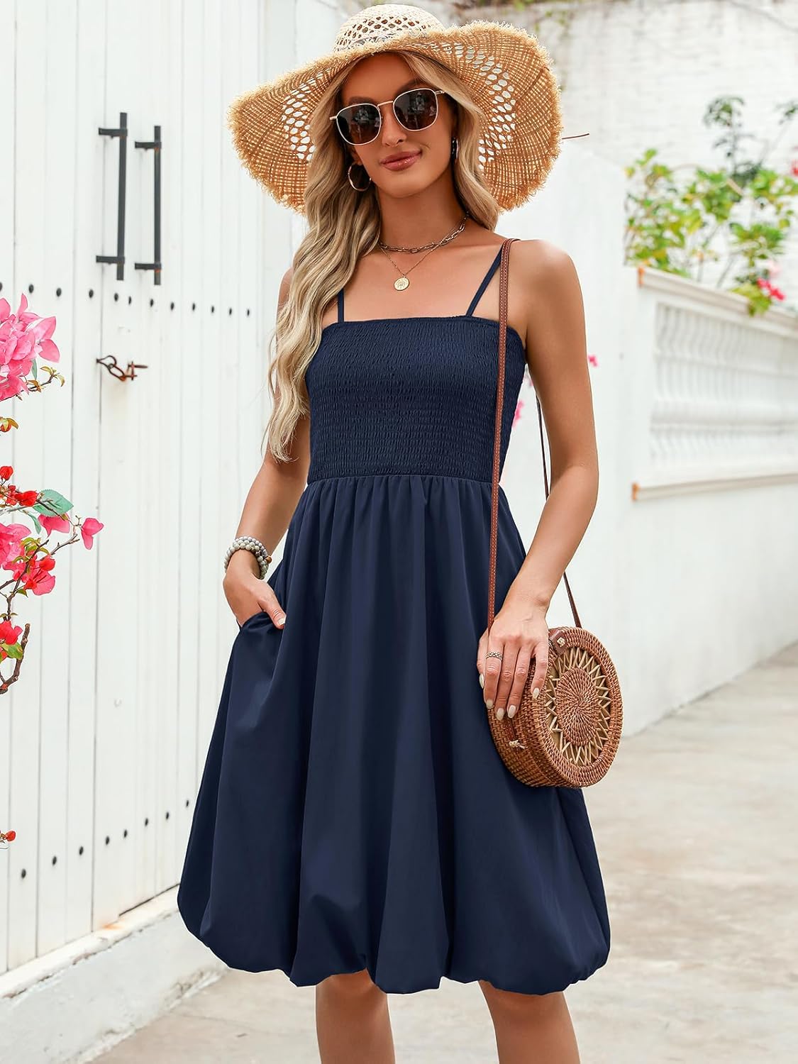 Berydress Womens Summer Smocked Sun Dress with Pockets 2025 Trendy Spaghetti Strap Boho Beach Casual Midi Bubble Dresses - Image 6