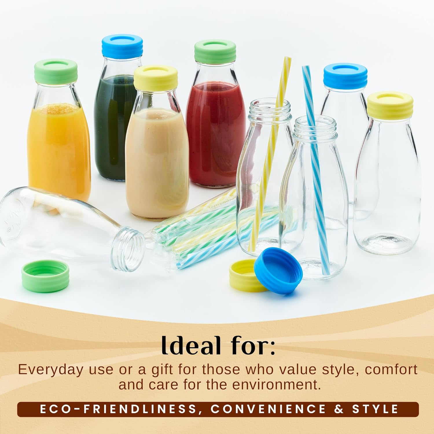 10 oz Glass Milk Bottles with Lids & Straws (9 Pack) Small Airtight Glasses with Caps, Reusable Juicing Bottles for Yogurt, Water, Juice, Smoothies, Drinking, Kids Lunch, Mini Vintage Jars, Container