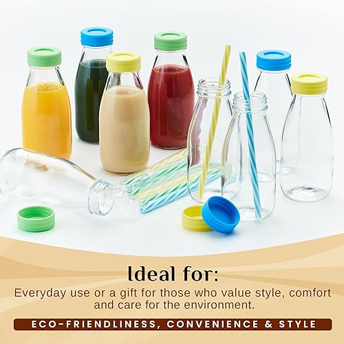 Miniatura 5 de Botellas de leche de vidrio de 10 onzas con tapas y popotes (paquete de 9) pequeños vasos herméticos con tapas, botellas reutilizables para jugos de