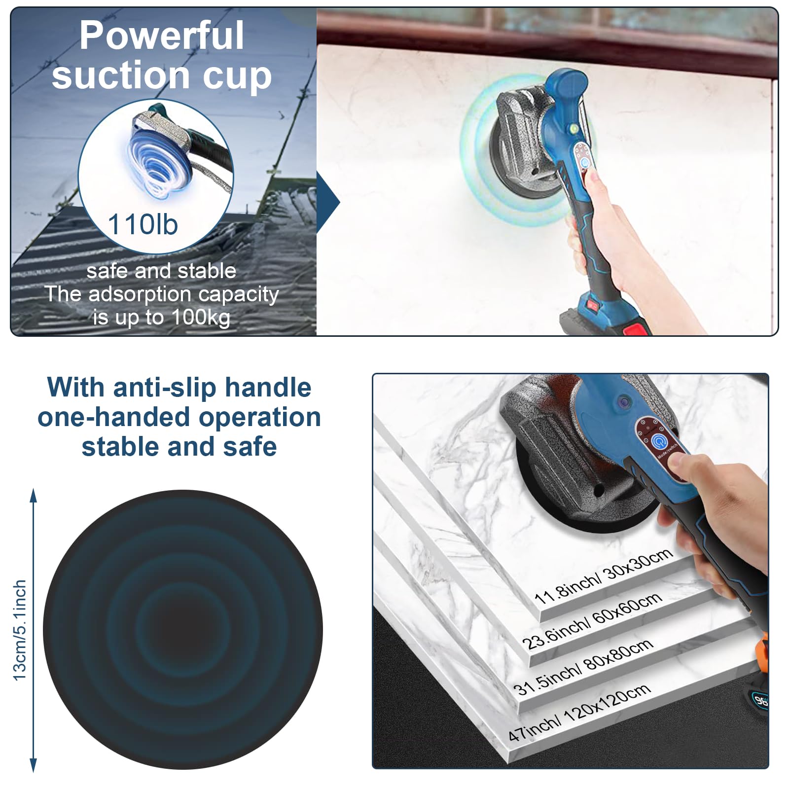 Machine de carrelage 21V, Vibreur Carrelage Manuel Machine avec 2 Batteries, 5 Vitesses Réglable, Tile Vibrator de Carreleur 100kg Capacité d'Adsorption, Machine à Carrelage électrique